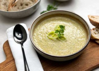 Eine vegetarische Lauchsuppe mit Schlagsahne ist perfekt für den schnellen Hunger