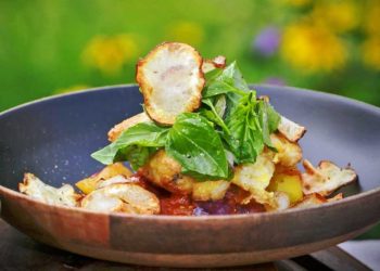 Kabeljau milanese auf geschmorten Tomaten mit Topinambur