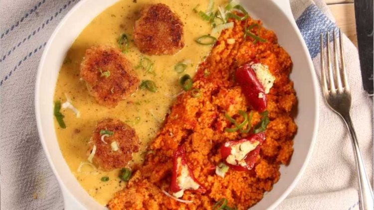 Garnelen-Frikadellen und Couscous mit Mango-Curry-Sauce